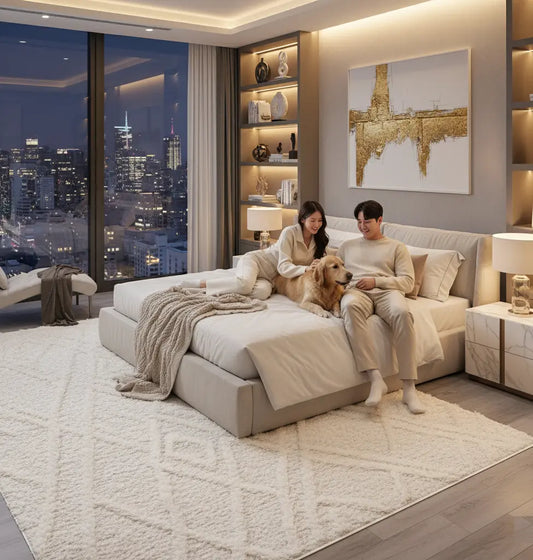 Beige Cream Abstract Fluffy Soft Shag Area Rug For Living Room, Bedroom