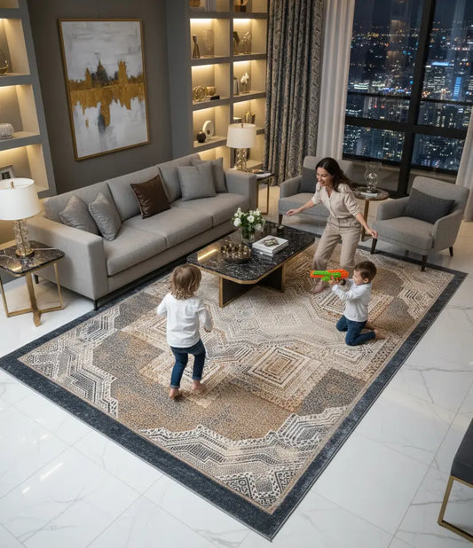 Beige Brown Silver Grey Metalic Traditional Geometric Contemporary Area Rug