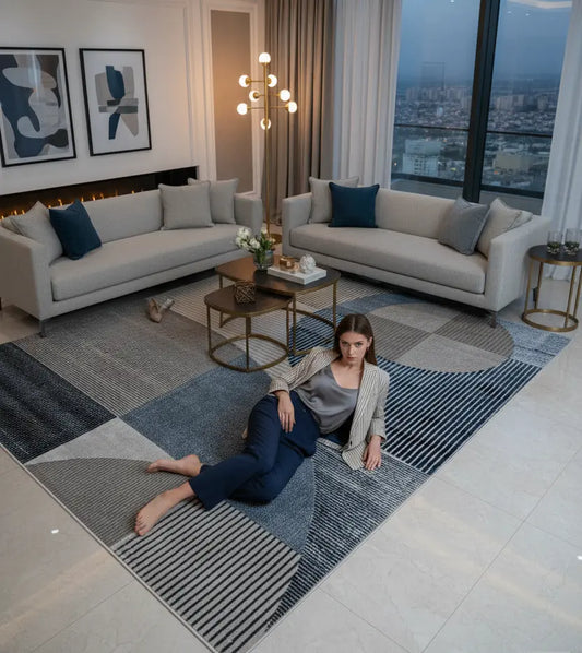 Blue Grey Geometric Living Room Bedroom Area Rug