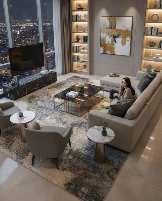 Beige Brown Silver Metalic Abstract Modern Minimalistic Contemporary Area Rug