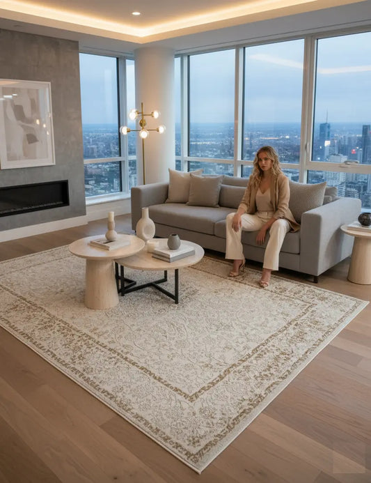 Beige Oriental Traditional Living Room Area Rug