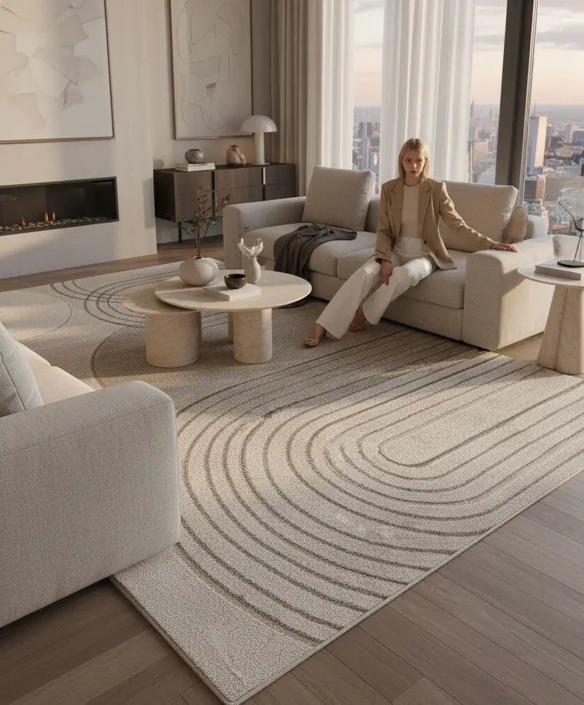 Cream Beige Textured Geometric Contemporary Living Room Bedroom Area Rug