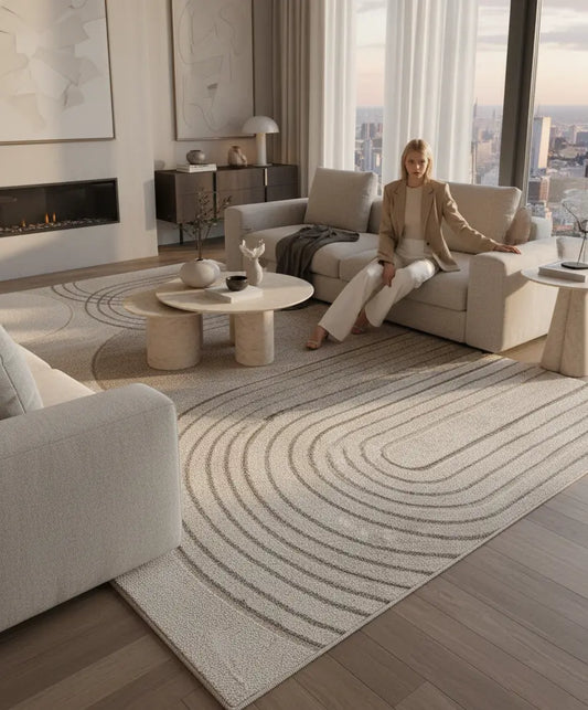 Cream Beige Textured Geometric Contemporary Living Room Bedroom Area Rug