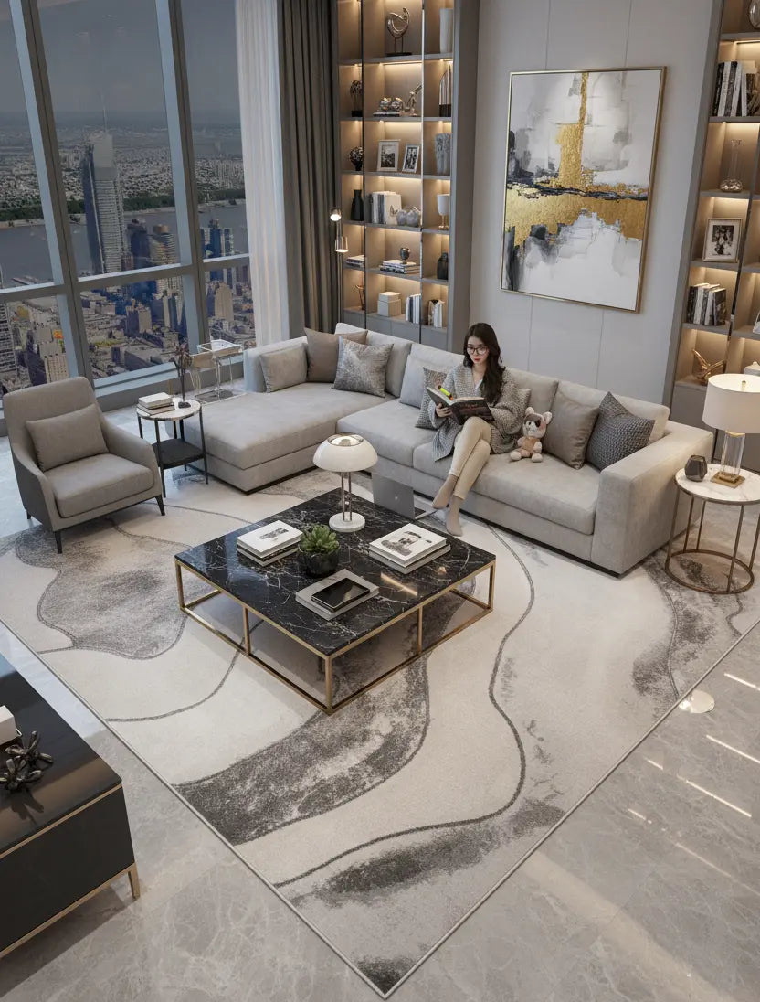 Grey Beige Abstract Luxury Modern Minimalist Contemporary Area Rug