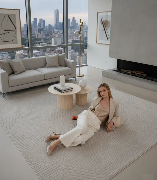 Ivory Grey Textured Geometric Living Room Bedroom Area Rug