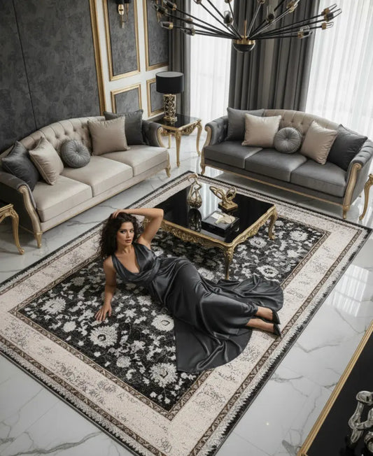 Dark Grey Ivory Traditional Bordered Living Room Bedroom Area Rug
