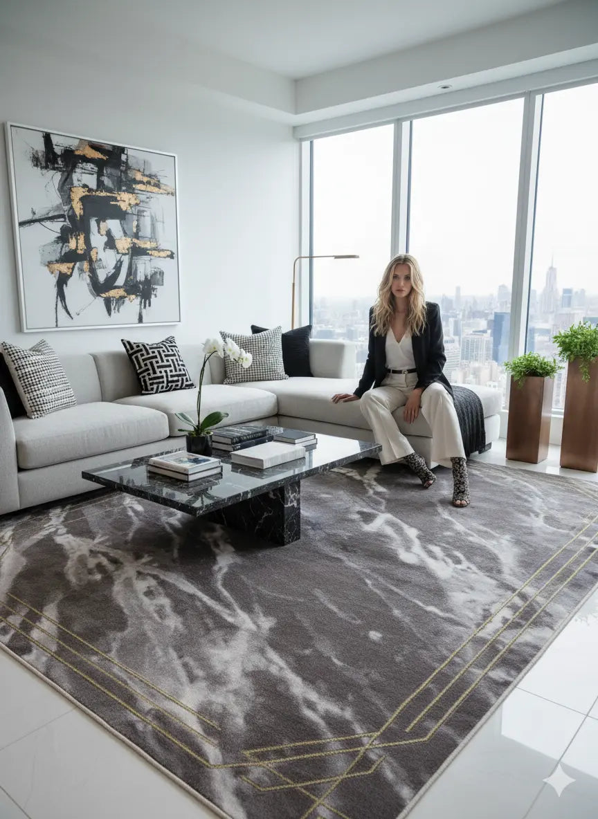 La Dole Rugs Modern Minimalistic Marble Pattern Abstract Rustic Grey Charcoal Gold Bordered Area Rug