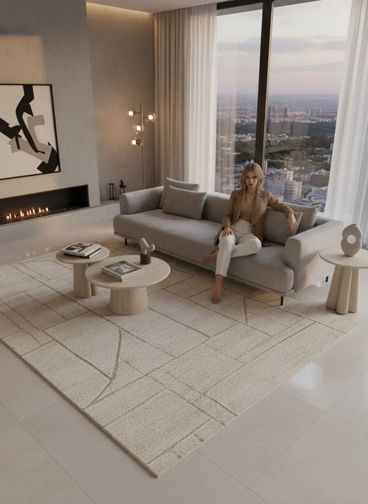 Cream Beige Textured Geometric Minimalist Living Room Bedroom Area Rug