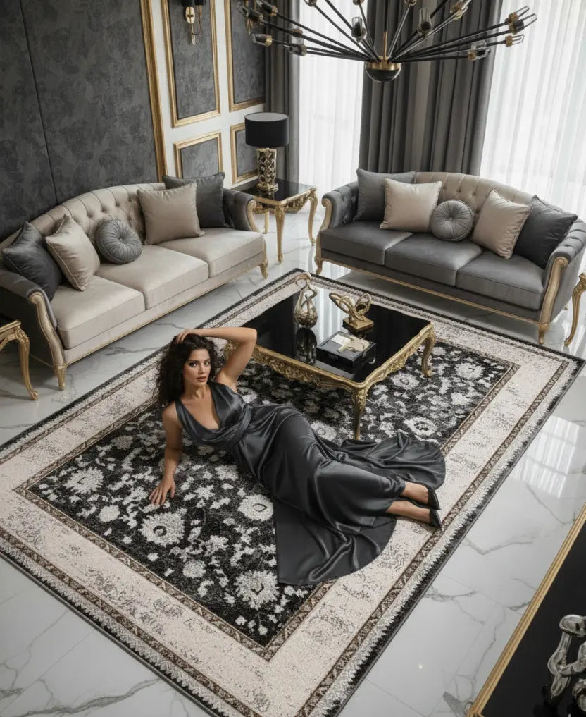 Dark Grey Ivory Traditional Bordered Living Room Bedroom Area Rug
