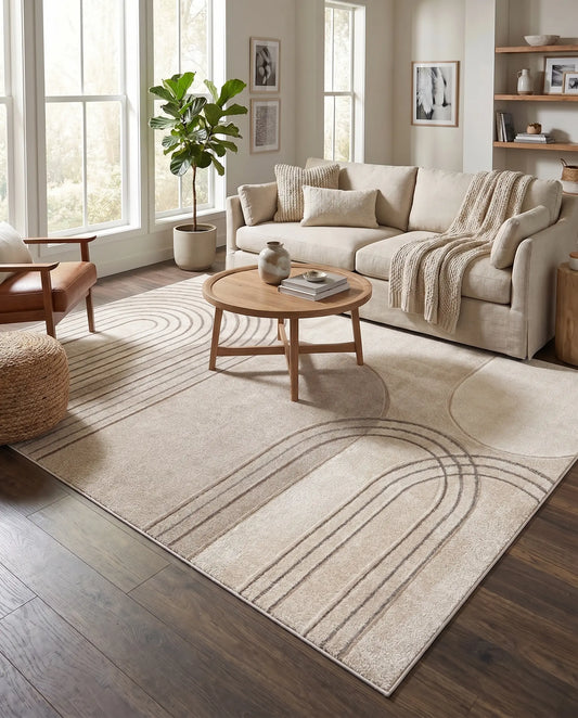 Contemporary Geometric Arc Area Rug | Beige Cream | La Dole Rugs | Machine Made in Turkey | 2x3 to 9x12