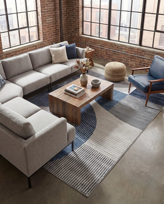 Blue Grey Geometric Living Room Bedroom Area Rug