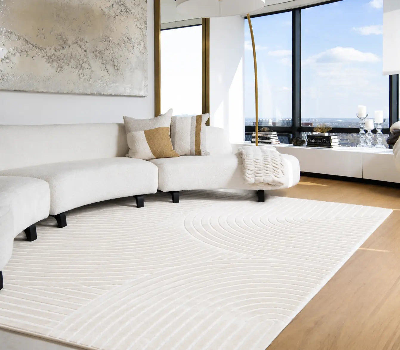Beige Cream Textured Waves Area Rug — Premium Turkish Collection