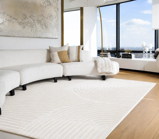 Beige Cream Textured Waves Contemporary Living Room Bedroom Area Rug