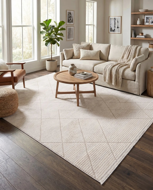 Premium Cream Geometric Area Rug — Plush Sculpted Texture, Modern Luxury