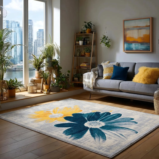Teal Yellow Flower Area Rug