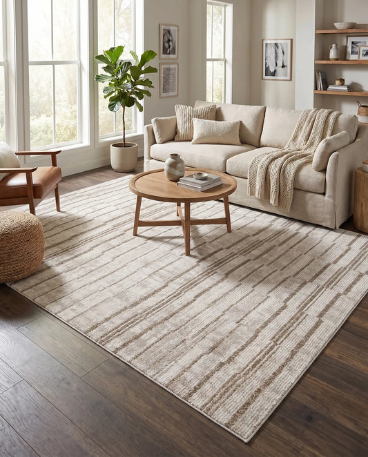 Beige Brown Abstract Striped Living Room Bedroom Area Rug
