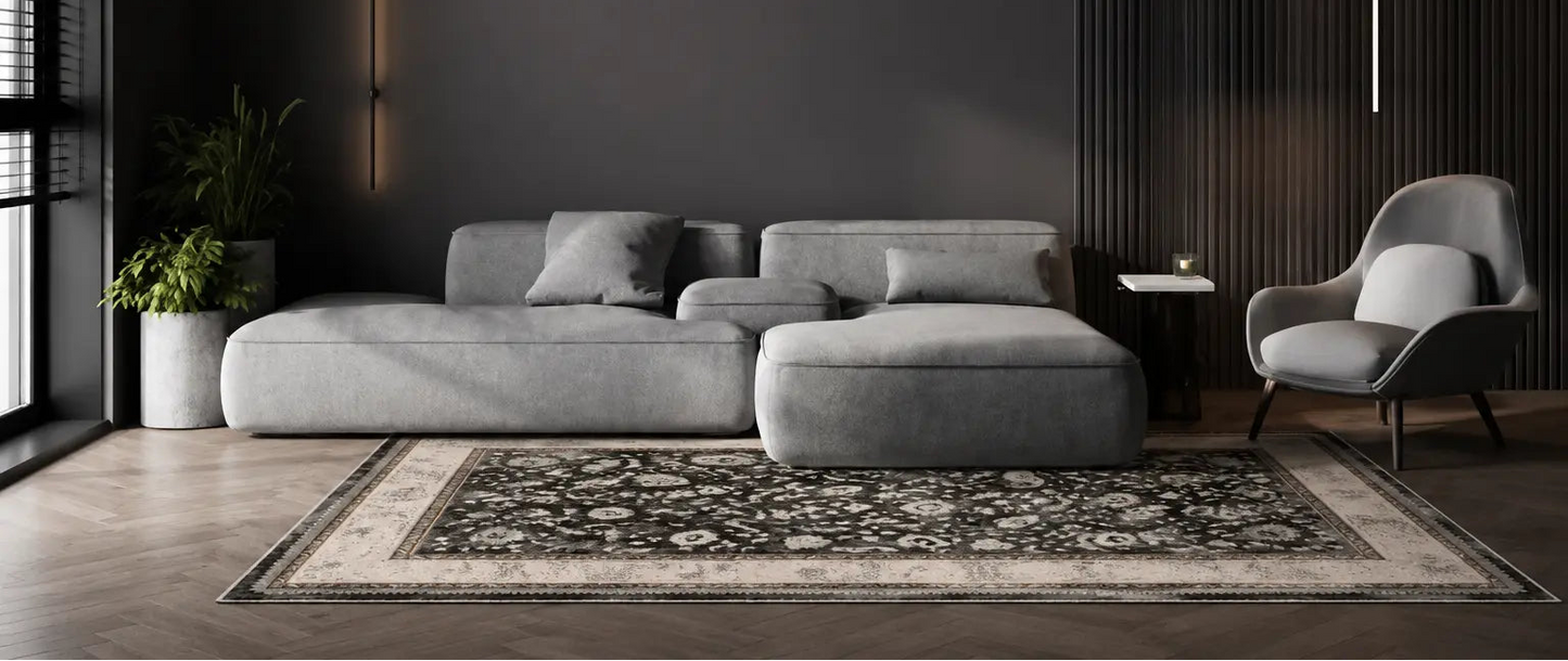 Dark Grey Ivory Traditional Bordered Living Room Bedroom Area Rug