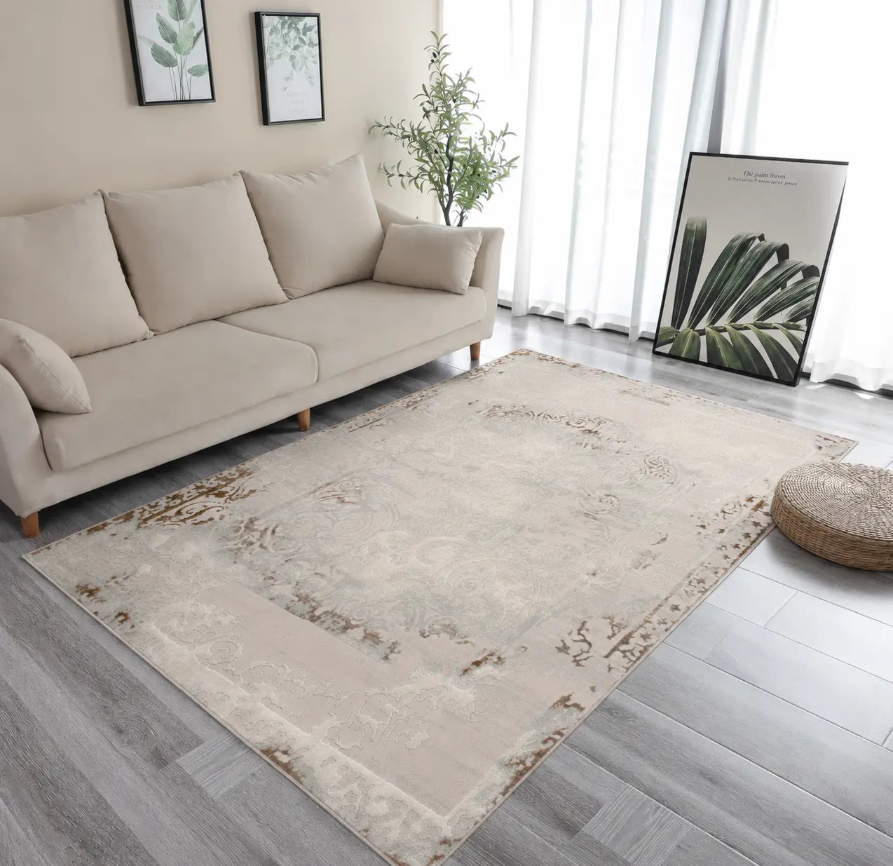 Beige Ivory Traditional Bordered Living Room Bedroom Area Rug