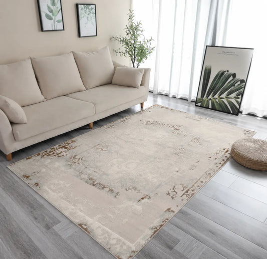 Beige Ivory Traditional Bordered Living Room Bedroom Area Rug