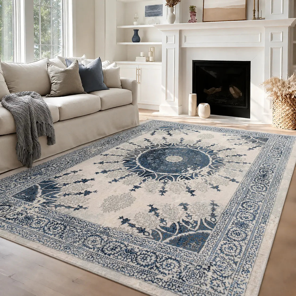 Blue Grey Ivory Traditional Bordered Living Room Bedroom Area Rug