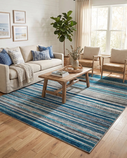 Kensington Teal Ivory Stripes Area Rug