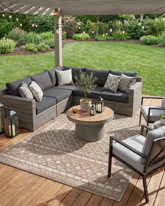 Brown Cream Geometric Area Rug — Modern Earth Tones, Indoor & Outdoor
