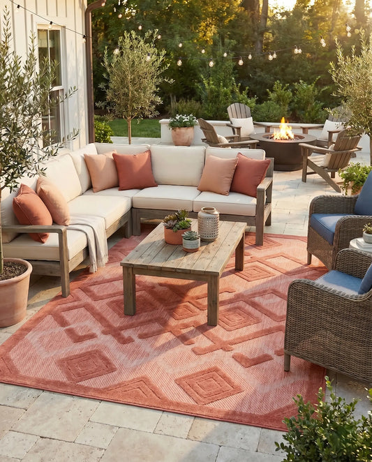 Geometric Modern Area Rug in Salmon Red, Blue, Beige & Grey — Indoor & Outdoor