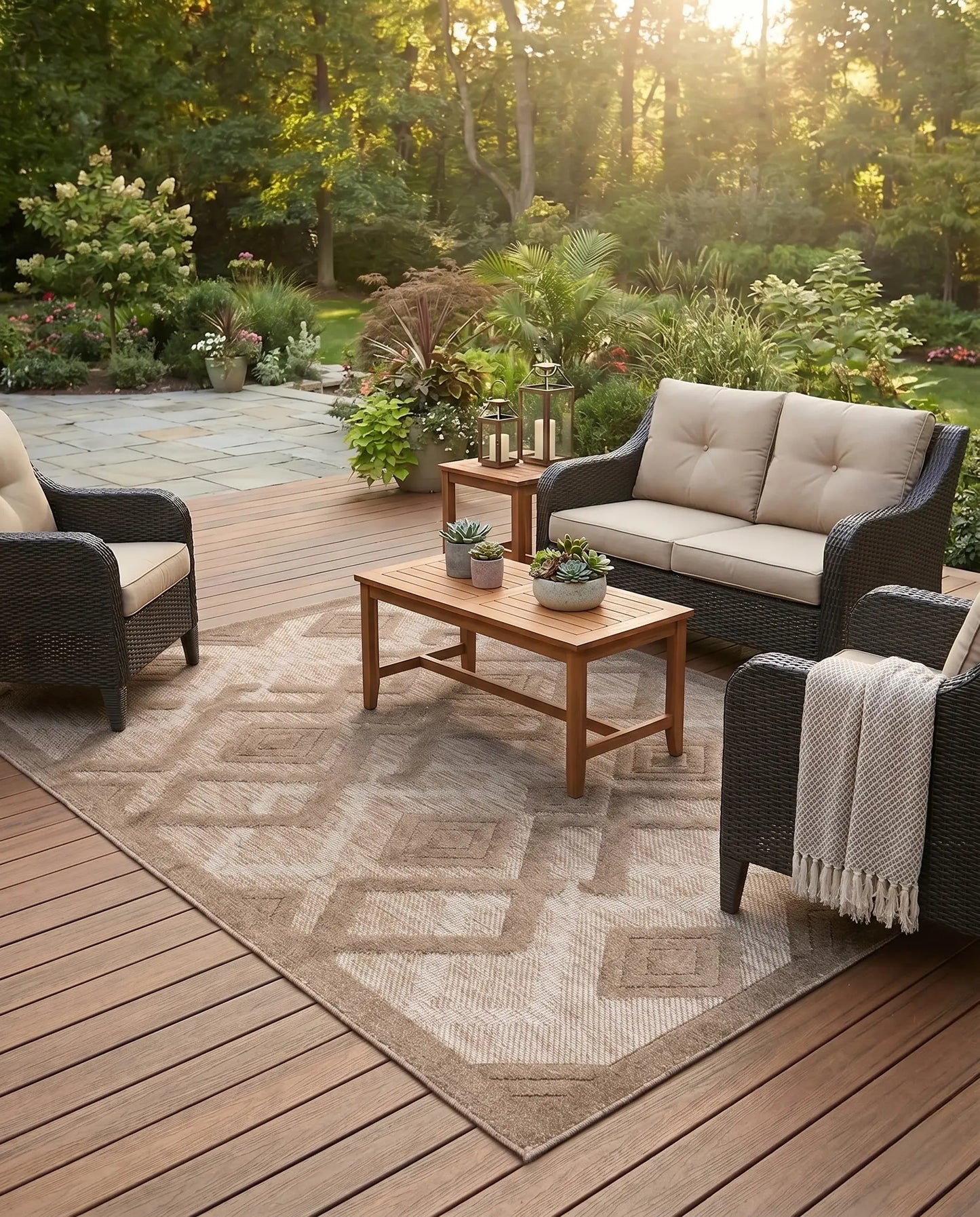 Geometric Modern Area Rug in Salmon Red, Blue, Beige & Grey — Indoor & Outdoor