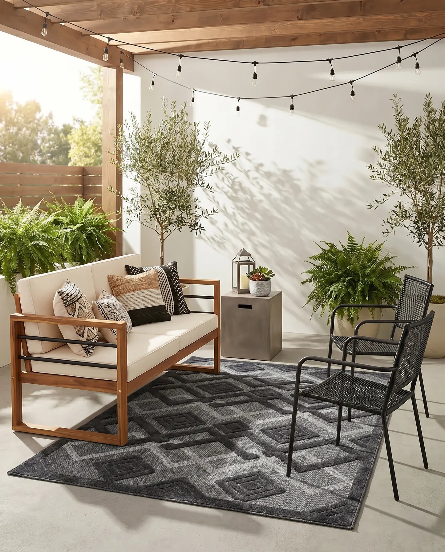 Geometric Modern Area Rug in Salmon Red, Blue, Beige & Grey — Indoor & Outdoor