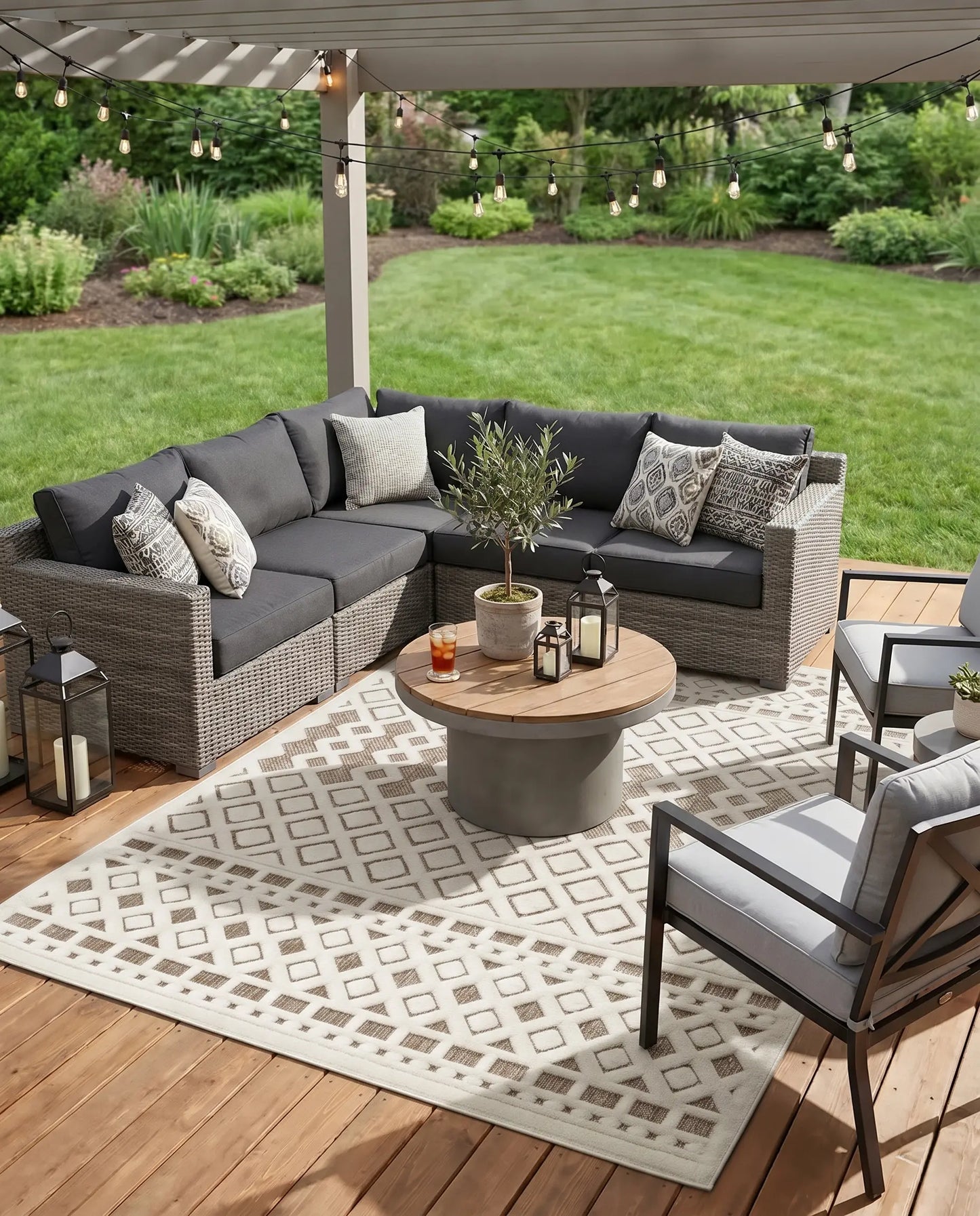 Brown Cream Geometric Area Rug — Modern Earth Tones, Indoor & Outdoor