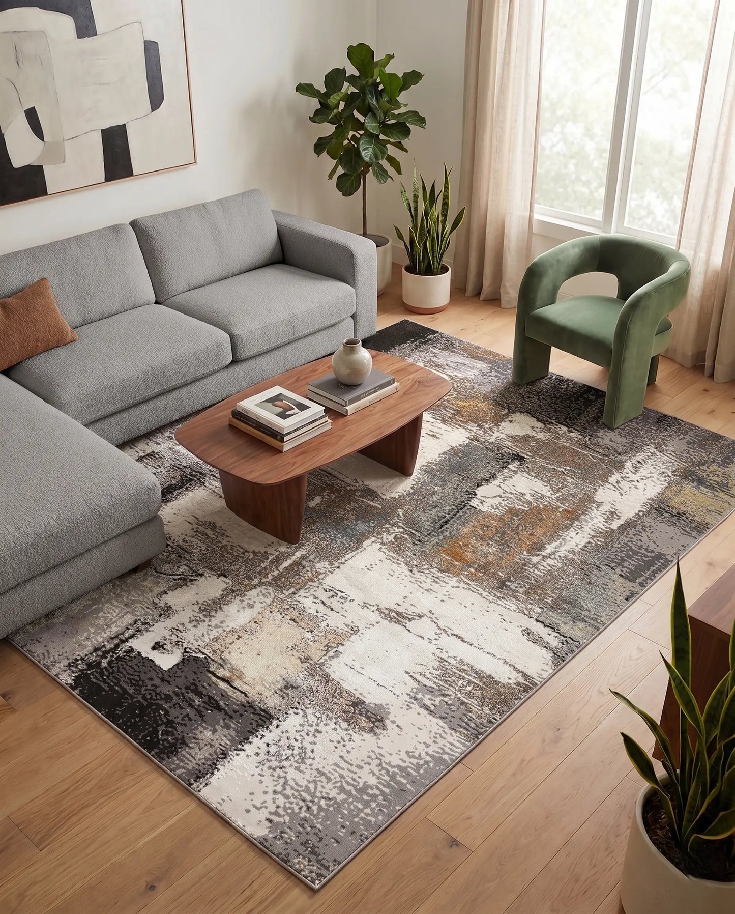 Cream Copper Gold Grey Metalic Rustic Abstract Patches Pattern Area Rug