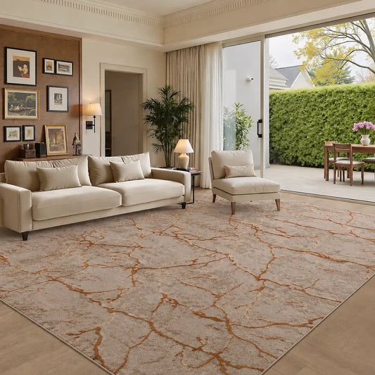 Copper Beige Luxury Abstract Living Room Bedroom Area Rug