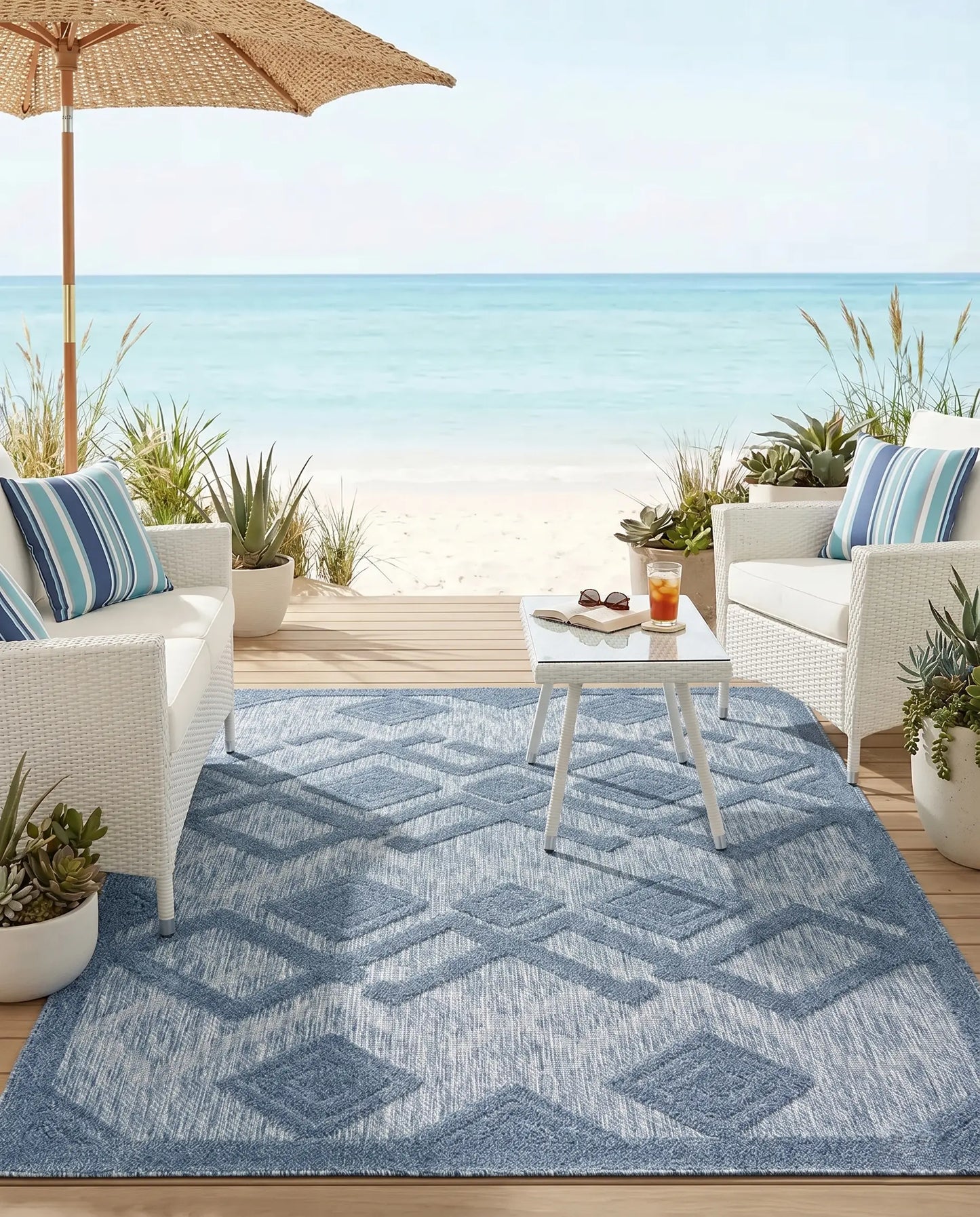 Geometric Modern Area Rug in Salmon Red, Blue, Beige & Grey — Indoor & Outdoor