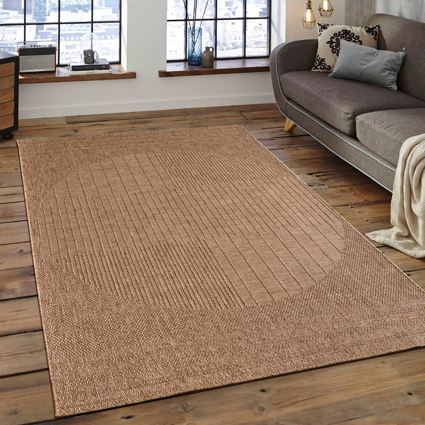 Beige Brown Geometric Living Room Bedroom Area Rug