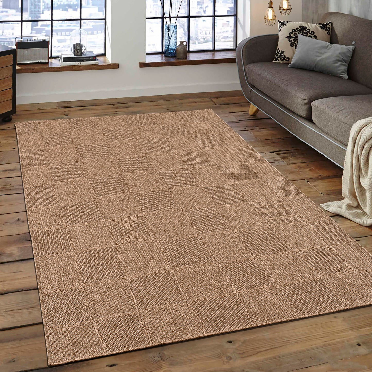 Beige Brown Tribal Checkered Living Room Bedroom Area Rug