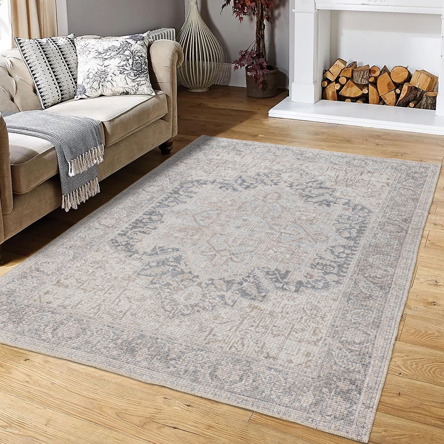 grey blue medallion cotton and polyster machine washable traditional rustic area rug 5x7, 5x8 ft Contemporary, Living Room Carpet, Bedroom, Home Office