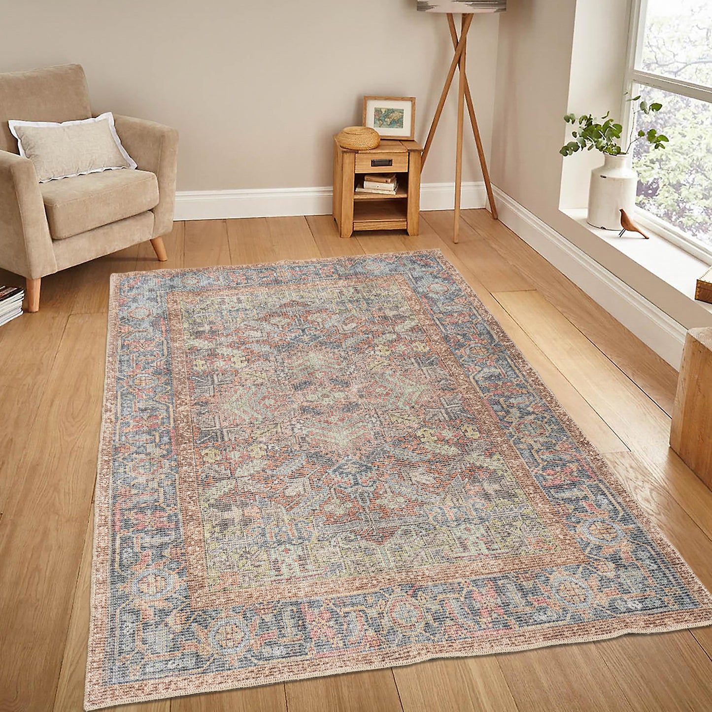 multicolor bordered cotton and polyster machine washable traditional rustic area rug 5x7, 5x8 ft Contemporary, Living Room Carpet, Bedroom, Home Office