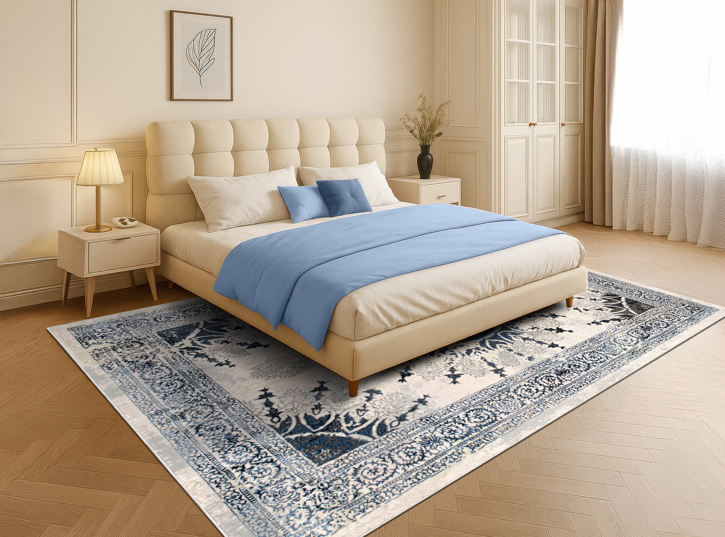 Blue Grey Ivory Traditional Bordered Living Room Bedroom Area Rug
