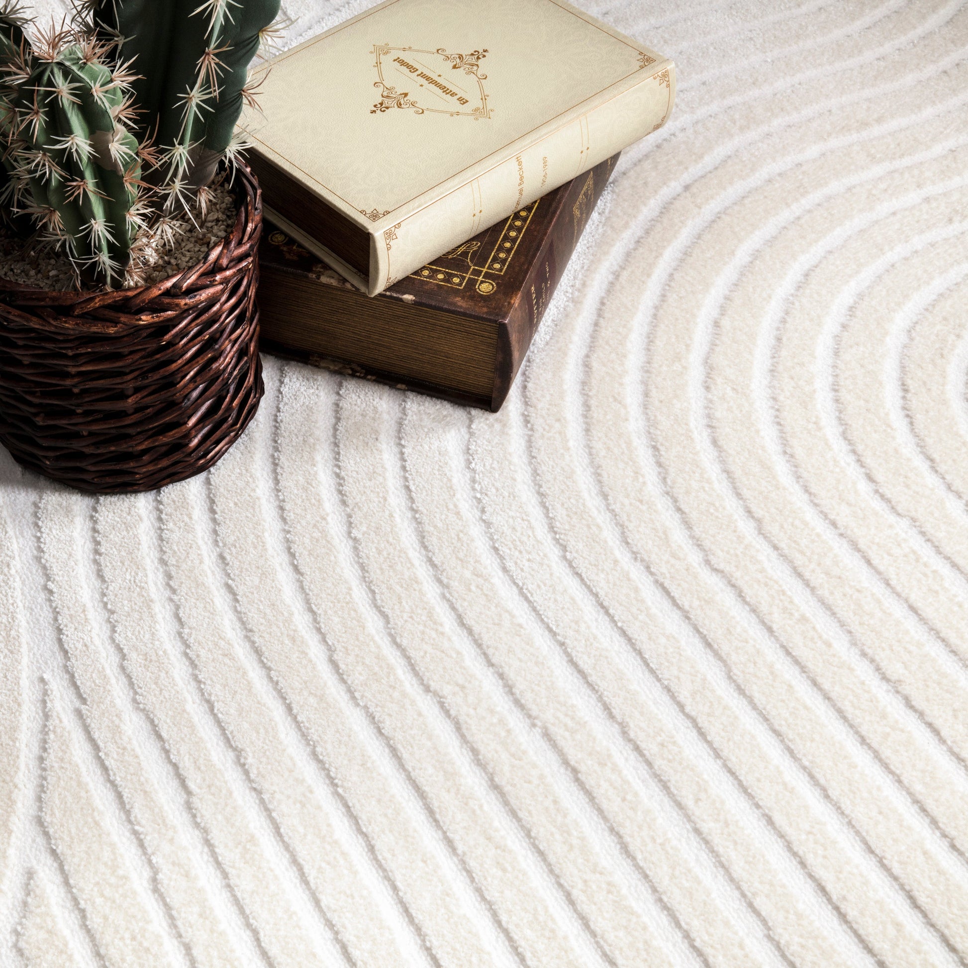 Beige Cream Textured Waves Contemporary Living Room Bedroom Area Rug LaDole Rugs