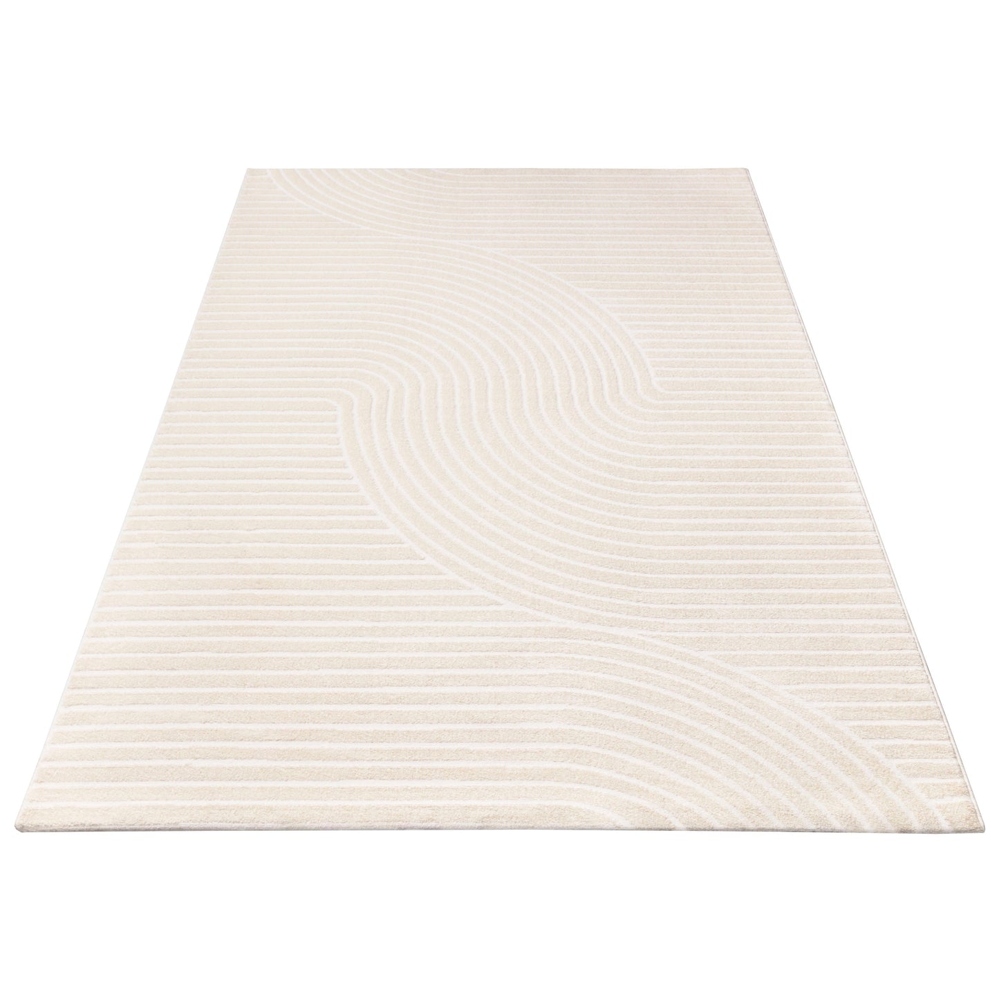 Beige Cream Textured Waves Contemporary Living Room Bedroom Area Rug LaDole Rugs