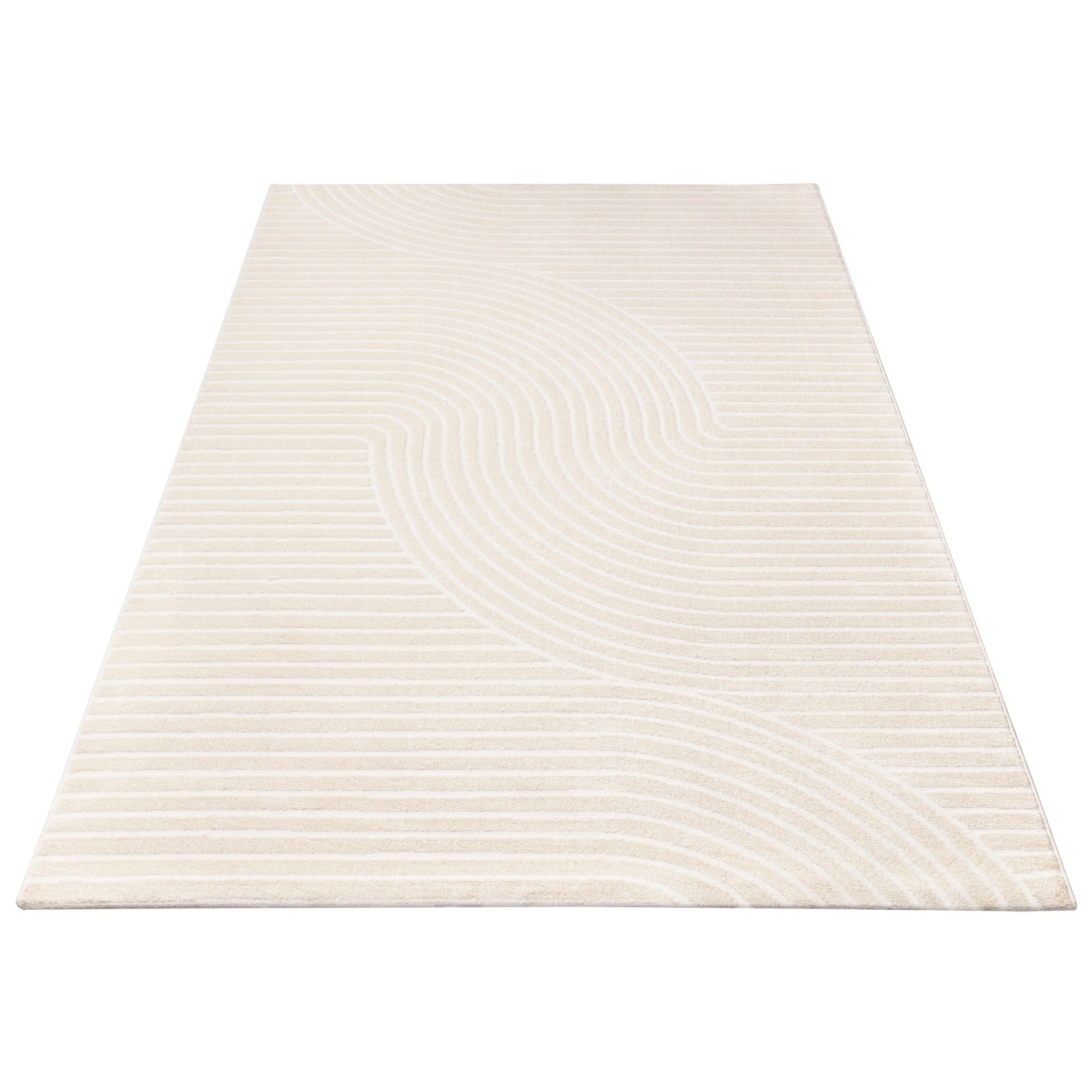Beige Cream Textured Waves Contemporary Living Room Bedroom Area Rug LaDole Rugs