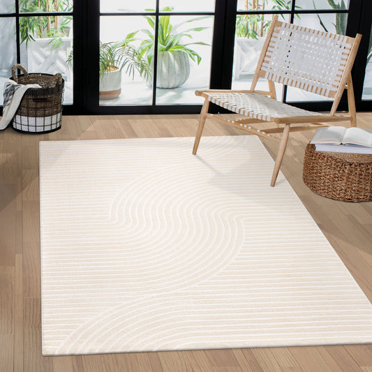 Beige Cream Textured Waves Contemporary Living Room Bedroom Area Rug