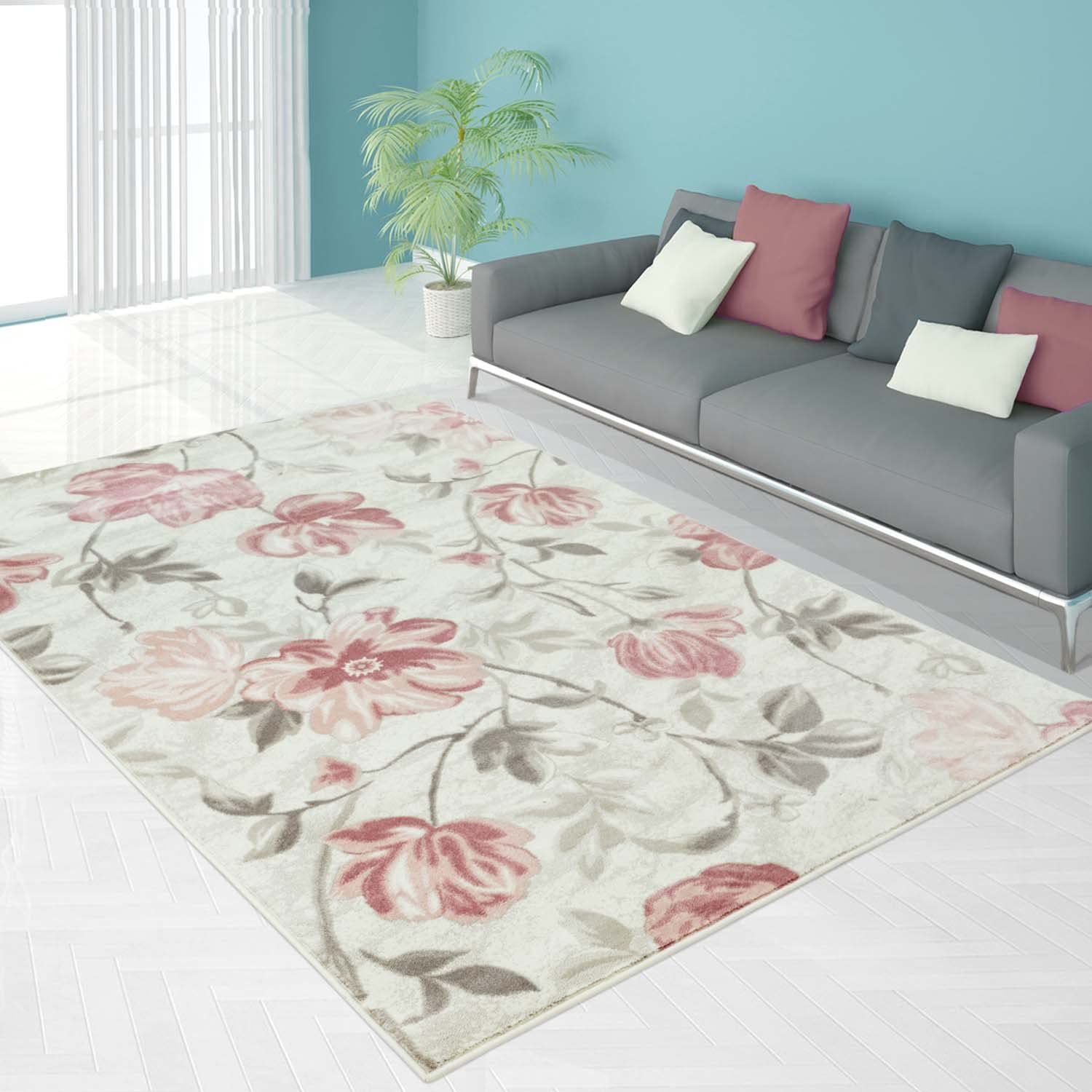 begonia cream floral area rug pink 5x7, 5x8 ft Contemporary, Living Room Carpet, Bedroom, Home Office