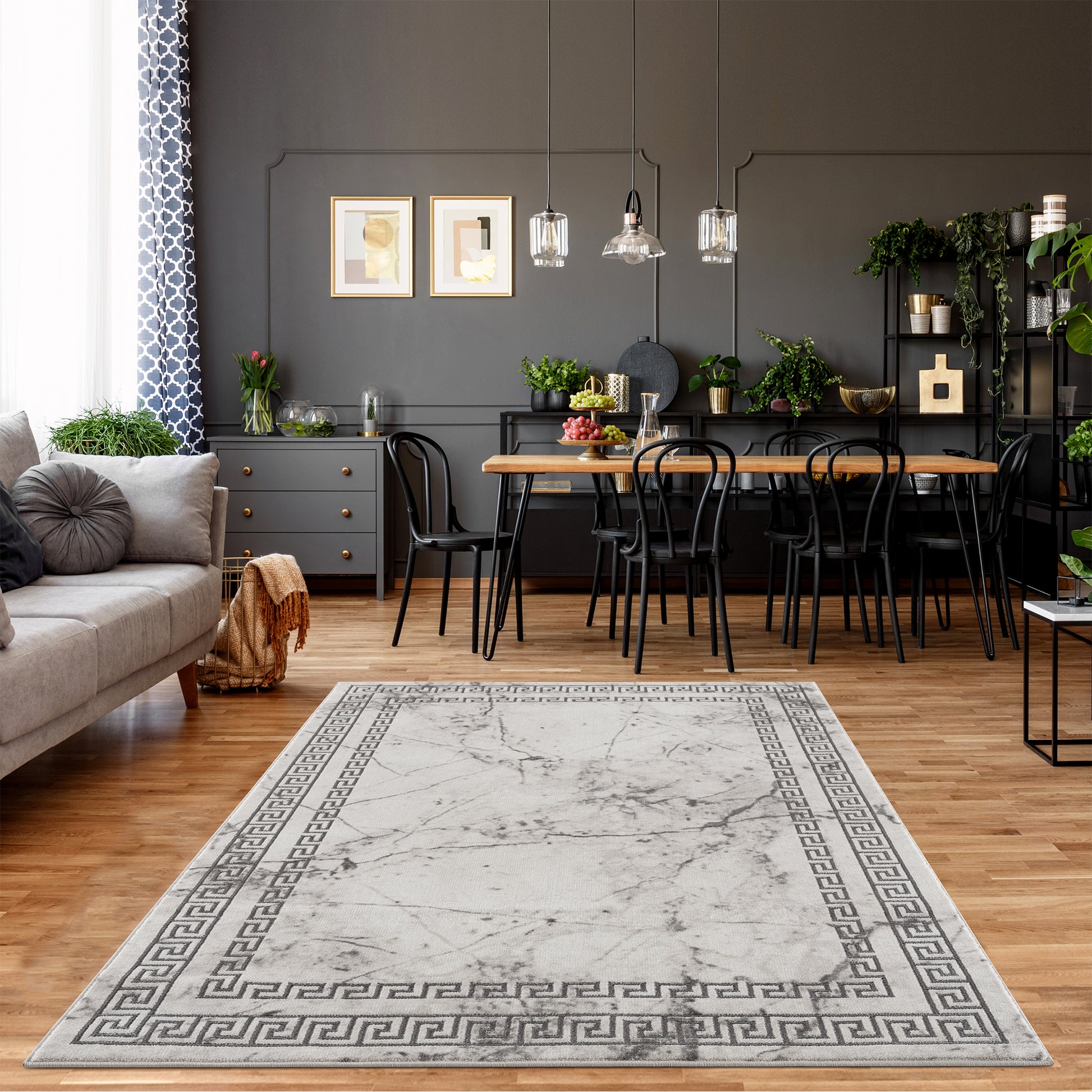 light dark grey beige modern meander greek pattern bordered area rug 9x12, 10x13 ft Large Big Carpet, Living Room, Beroom