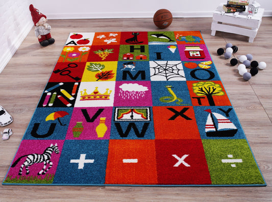 alphabets numbers blue multi area rug 4x6, 4x5 ft Small Carpet, Home Office, Living Room, Bedroom