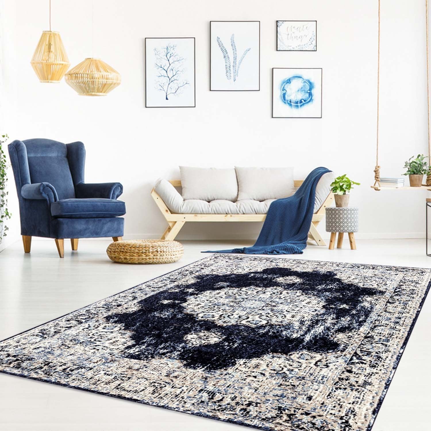 Florence Navy Ivory Traditional Area Rug - Ladolerugsca