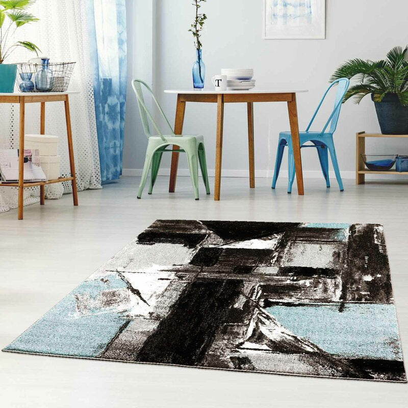 blue and black abstract modern area rug 4x6, 4x5 ft Small Carpet, Home Office, Living Room, Bedroom