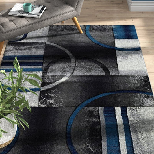 grey blue contemporary geometric area rug 2x5, 3x5 Runner Rug, Entry Way, Entrance, Balcony, Bedside, Home Office, Table Top