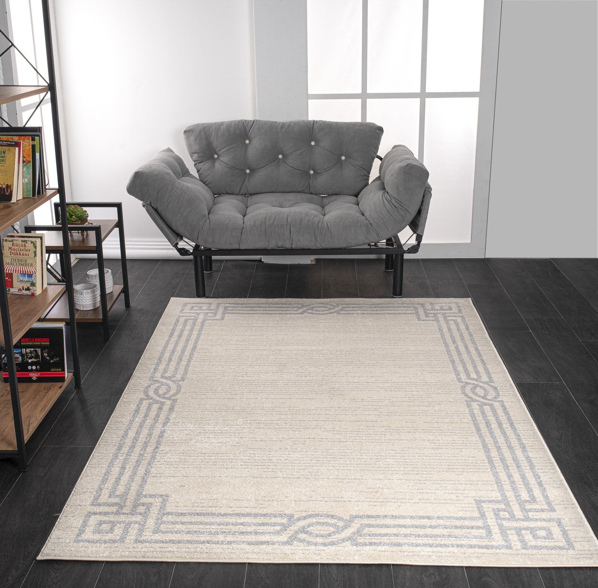 modern ivory grey bordered area rug 2x8, 3x10, 2x10 ft Long Runner Rug, Hallway, Balcony, Entry Way, Kitchen, Stairs
