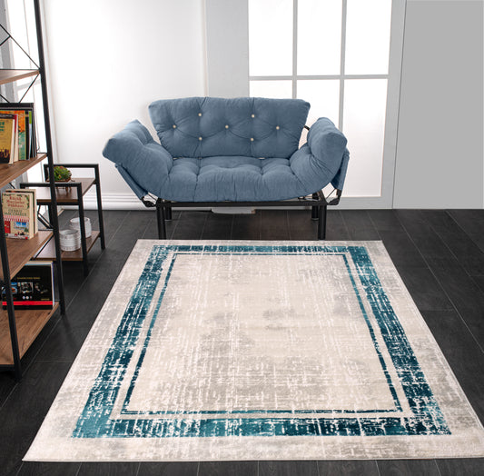 blue grey bordered modern contemporary minimalistic area rug for living room bedroom 2x5, 3x5 Runner Rug, Entry Way, Entrance, Balcony, Bedside, Home Office, Table Top